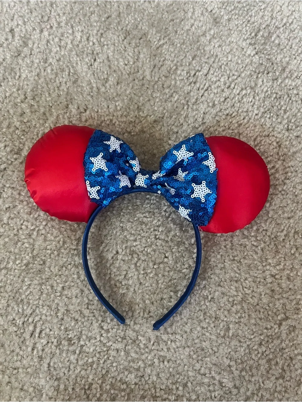 Red Satin Minnie-Style Ears Headband with Blue Sequin Star Bow